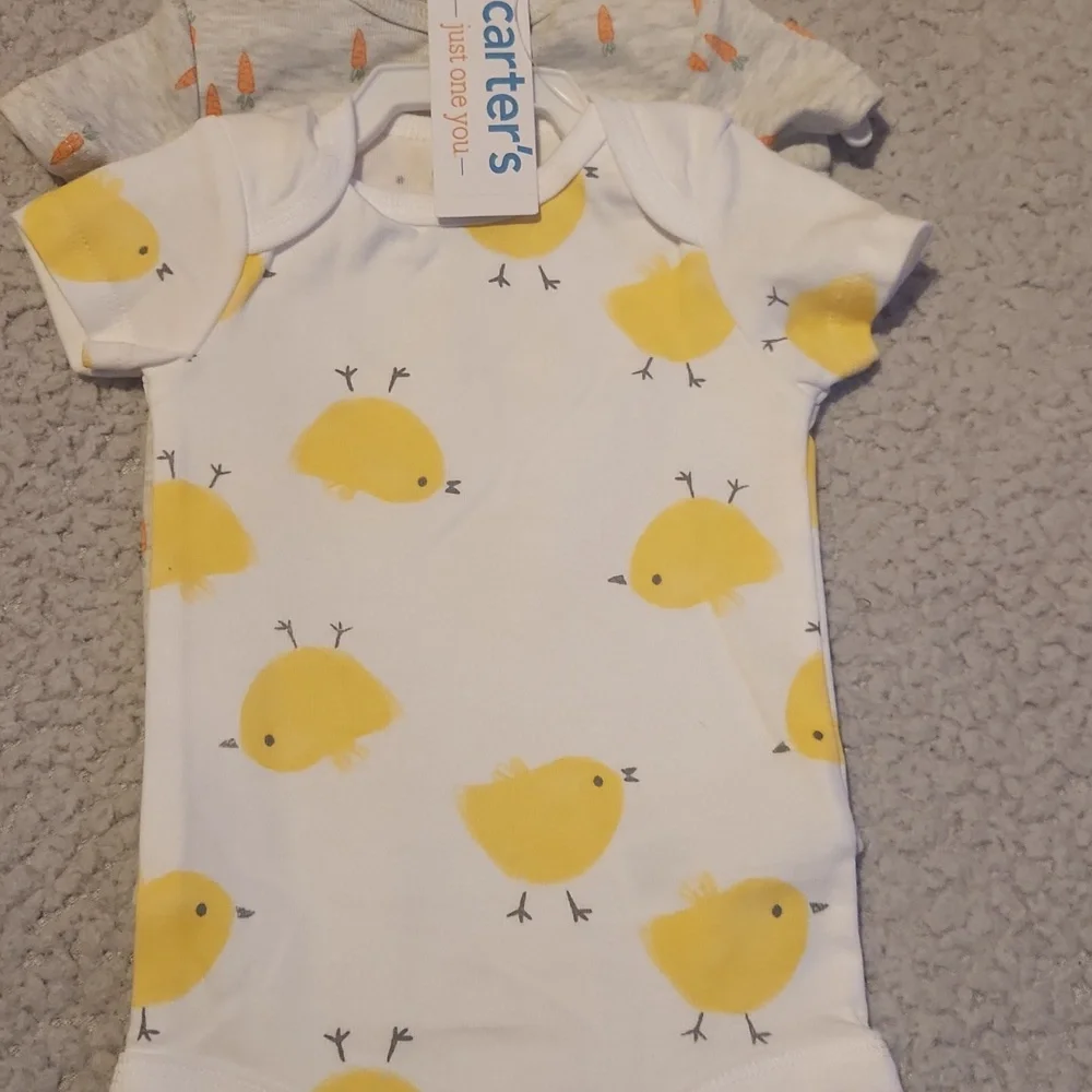 Brand New, Infant Baby First Easter Clothes, Onesies and Bib Set